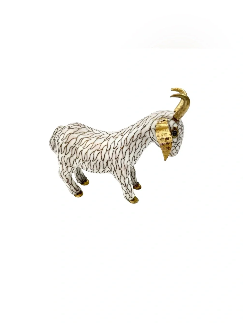 Vintage Chinese Cloisonne White Goat Ram Figurine Brass Enamel Collectible Decor